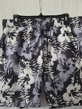Jamaica Bay Men's Tropical Swim Board Shorts Sz Large Drawstring Black White